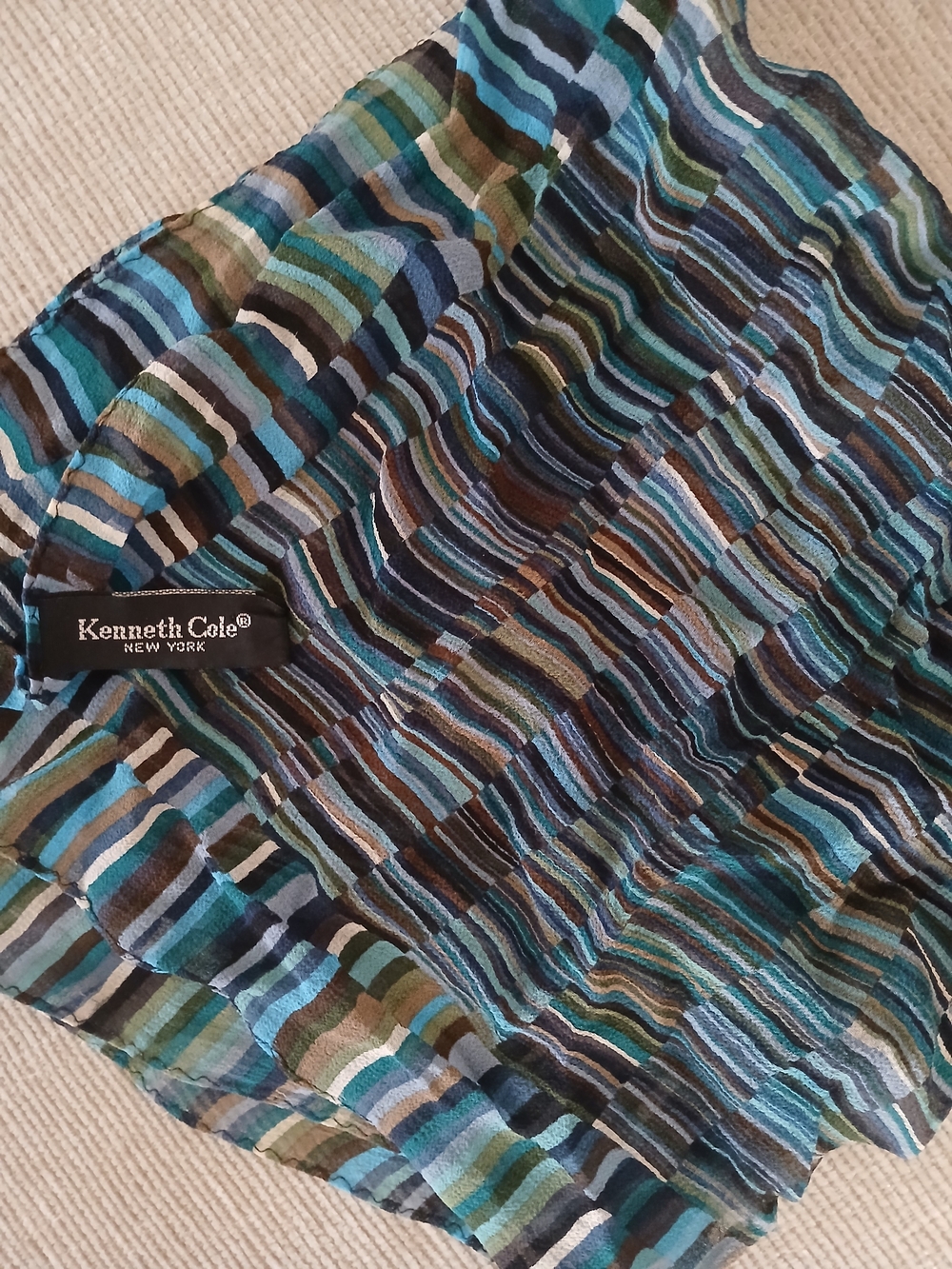 Kenneth Cole New York Teal, Navy & Green Square Geometric Print Silk Scarf 18"